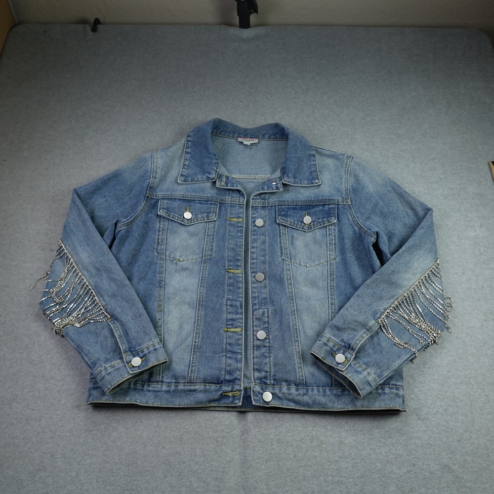 Andree by Unit Jacket Womens L Blue Boho Fringe Rhinestone Festival  Denim